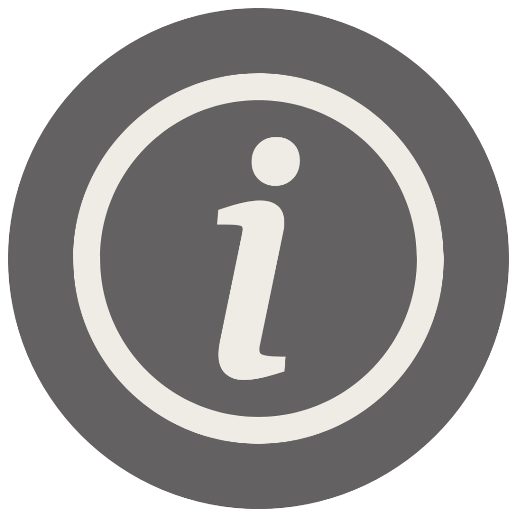 Circular gray icon with a white lowercase 'i' in the center, symbolizing information.